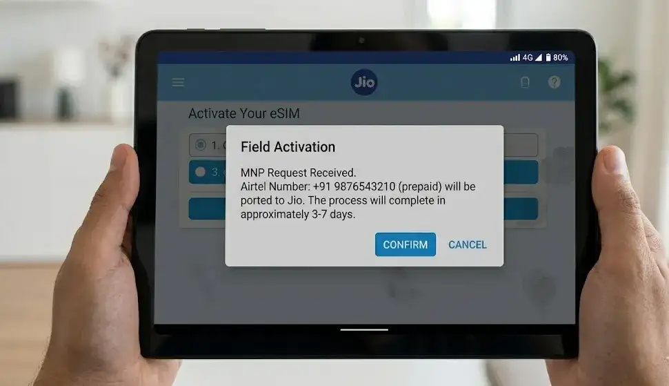 A close-up photograph of a Jio representative’s tablet screen, displaying a bold 'Confirmation' pop-up after a successful MNP field e-KYC. It reads: 'MNP Complete! Airtel Number: +91 9123456789 is being ported to Jio.