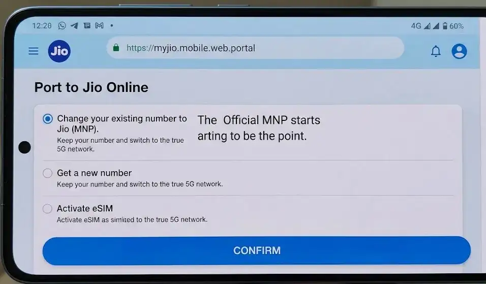 A screenshot of the official Jio MNP online porting portal, showing the selected option to 'Change your existing number to Jio (MNP).' This represents the legitimate starting point after generic codes failed.