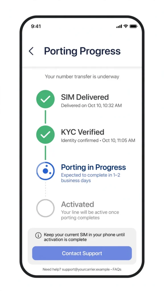 MyJio app screen showing BSNL to Jio porting status tracker