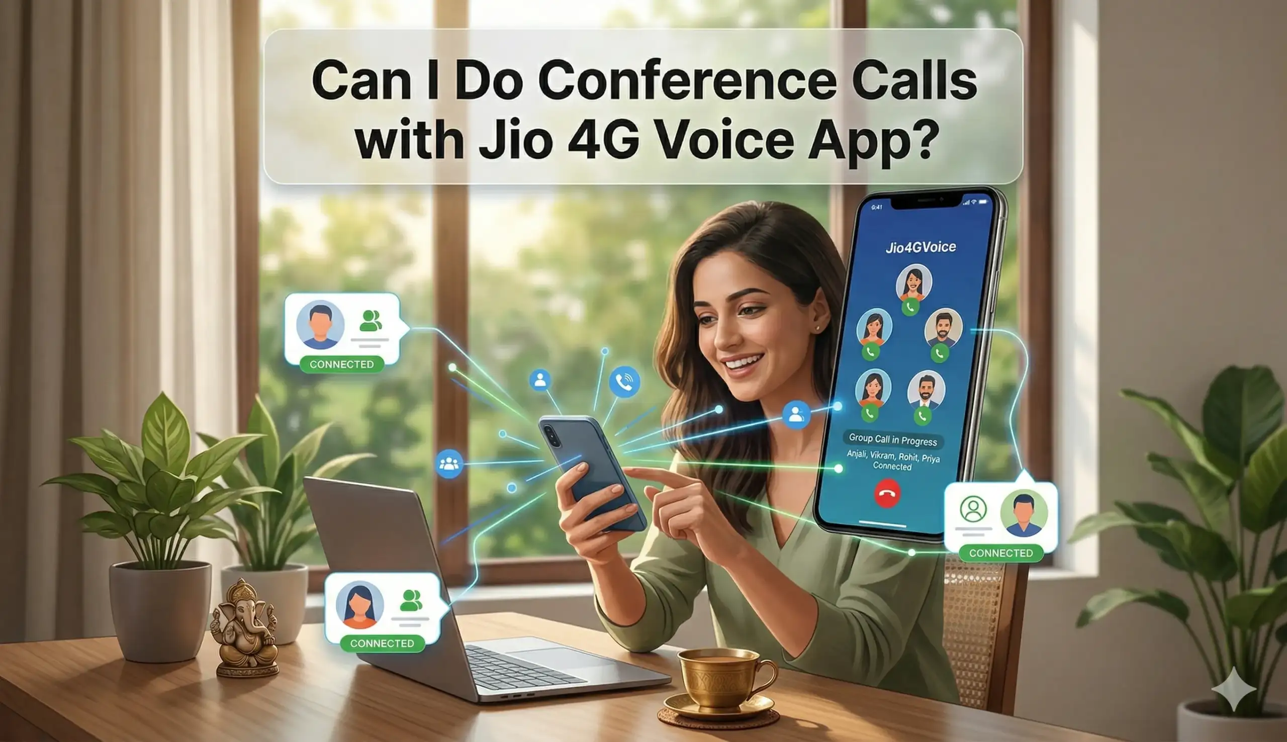 A woman at a desk with a laptop, using her phone to make a conference call with four other people, all connected through the Jio4GVoice app. A large phone graphic shows the group call interface with names Anjali, Vikram, Rohit, and Priya.