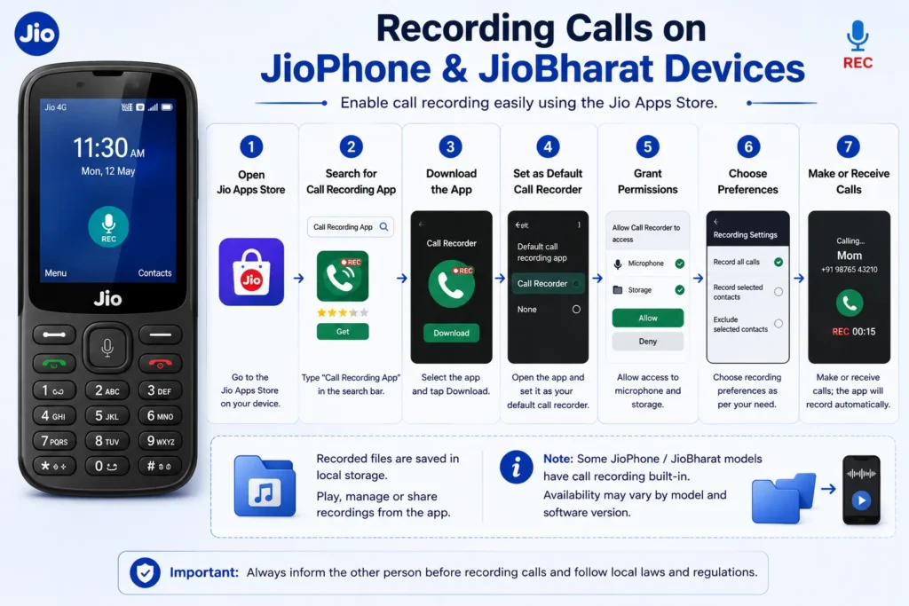 Infographic showing how to enable call recording on JioPhone and JioBharat devices using the Jio Apps Store and call recorder app settings.