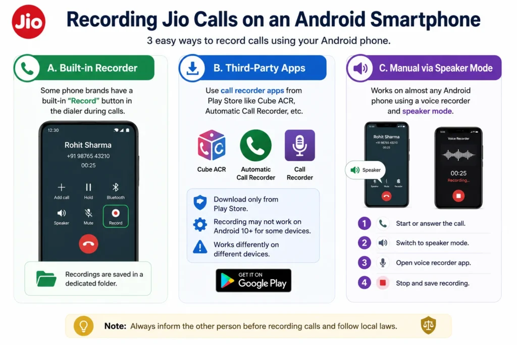 Infographic showing three ways to record Jio calls on an Android smartphone using a built-in recorder, third-party apps, and speaker mode.