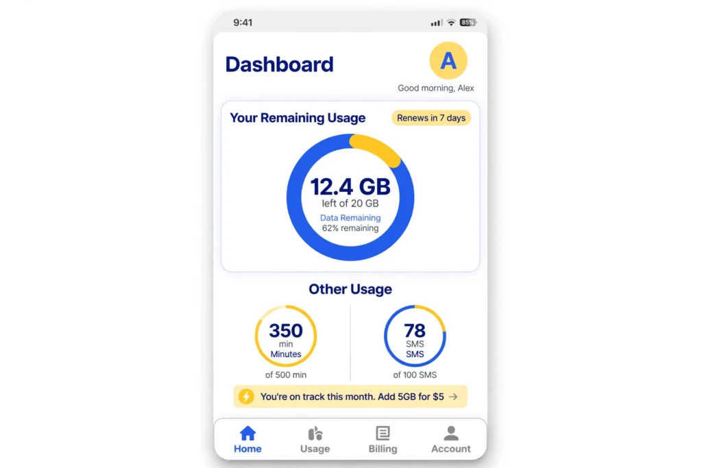 Mobile app dashboard displaying remaining Turkcell data, minutes, and SMS balance