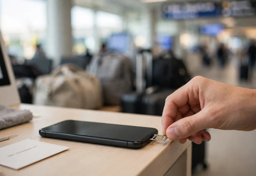 Hand inserting a SIM card into a smartphone to activate a Turkcell line