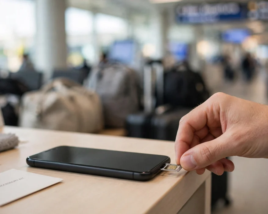 Hand inserting a SIM card into a smartphone to activate a Turkcell line