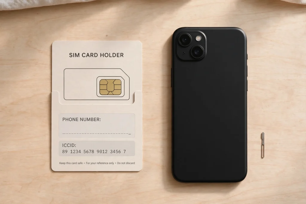 SIM card holder with a printed phone number next to a smartphone