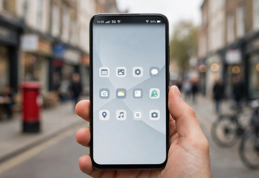 Smartphone showing strong signal and 5G indicator representing Lebara's UK network coverage