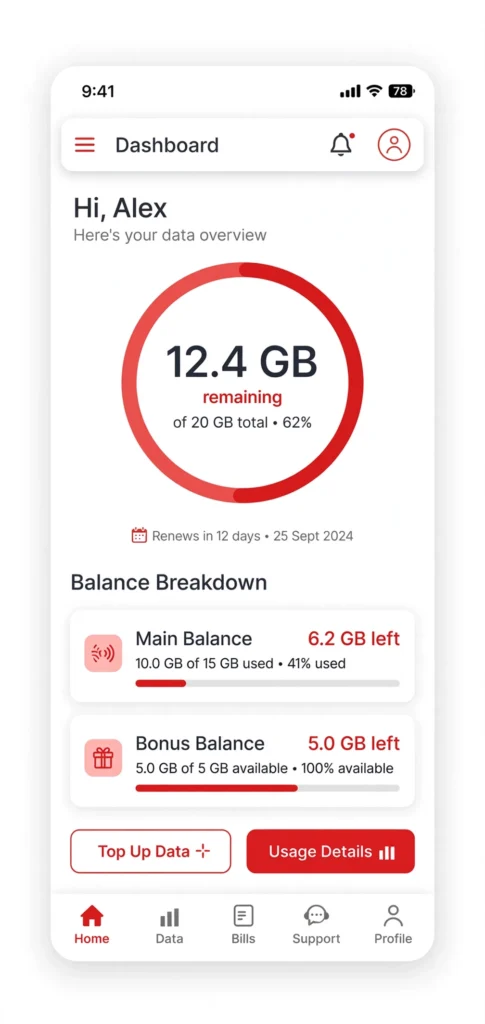Mobile app dashboard displaying remaining Airtel data balance and usage statistics