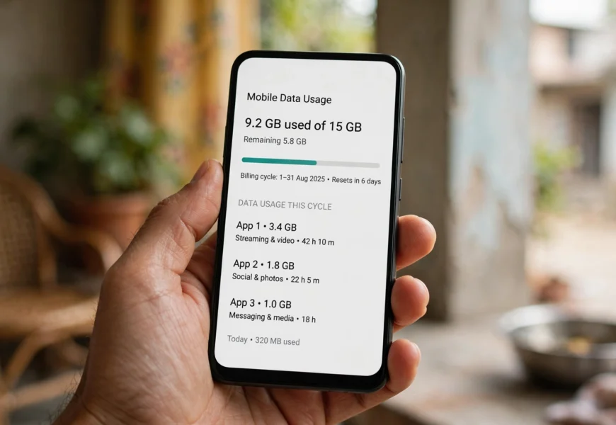Smartphone screen showing remaining mobile data while checking BSNL data balance