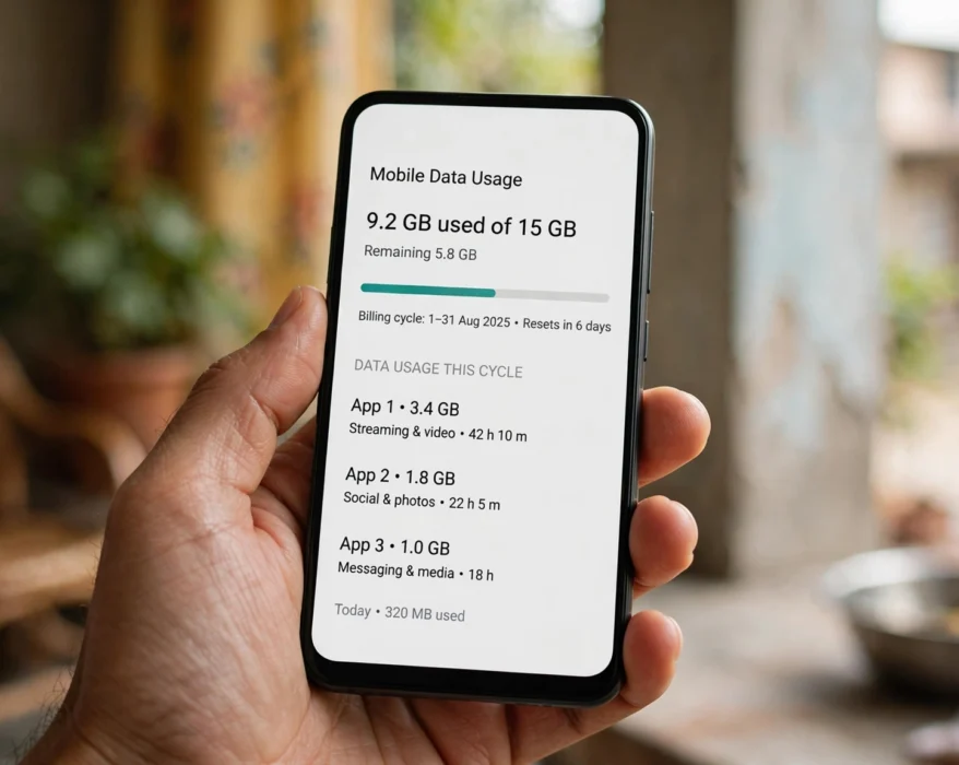 Smartphone screen showing remaining mobile data while checking BSNL data balance