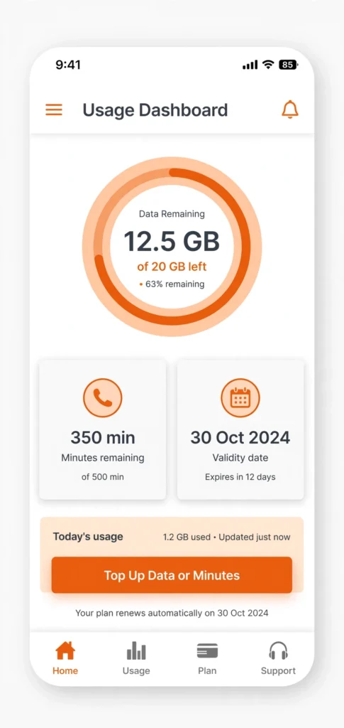 Mobile app dashboard displaying remaining BSNL data balance and plan validity