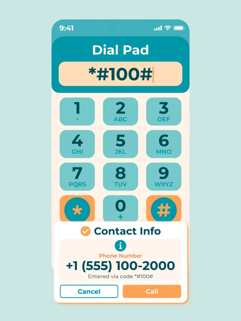 Smartphone dial pad showing the *#100# code used to check a Lebara phone number