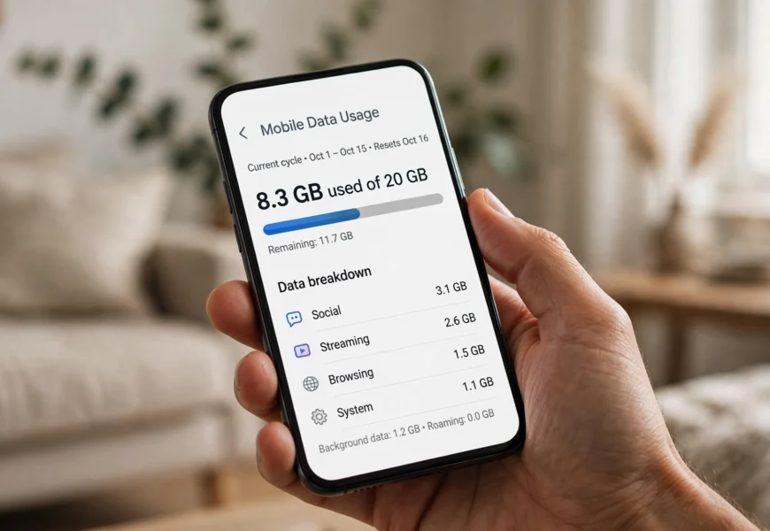 Smartphone showing remaining mobile data while checking Lebara balance