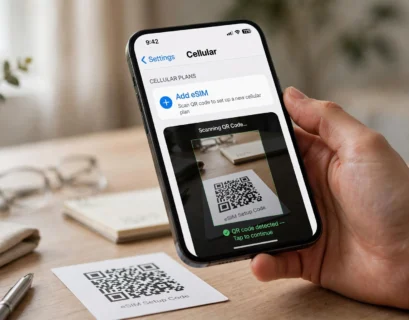 Smartphone screen showing an eSIM QR code being scanned during setup