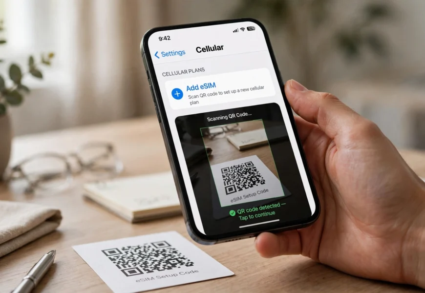 Smartphone screen showing an eSIM QR code being scanned during setup