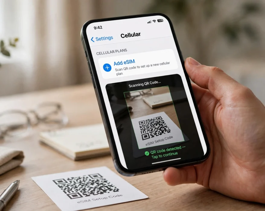 Smartphone screen showing an eSIM QR code being scanned during setup