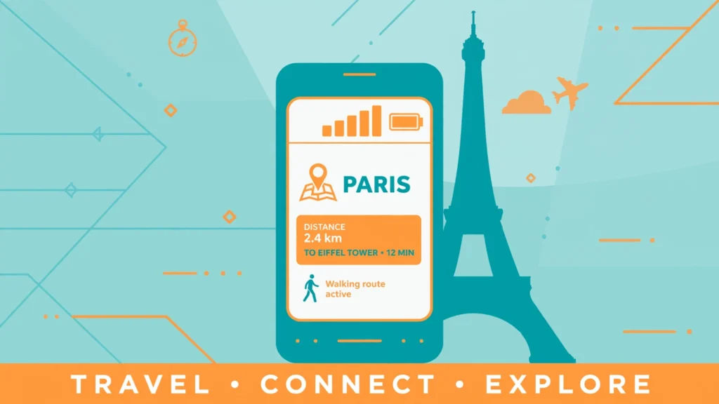 Illustration of a smartphone connected to mobile data with a Paris skyline in the background