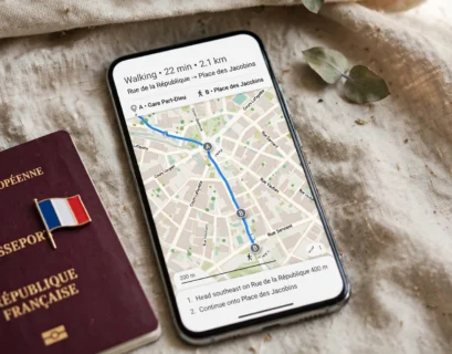Smartphone showing a map of a French city, representing Lebara mobile coverage in France