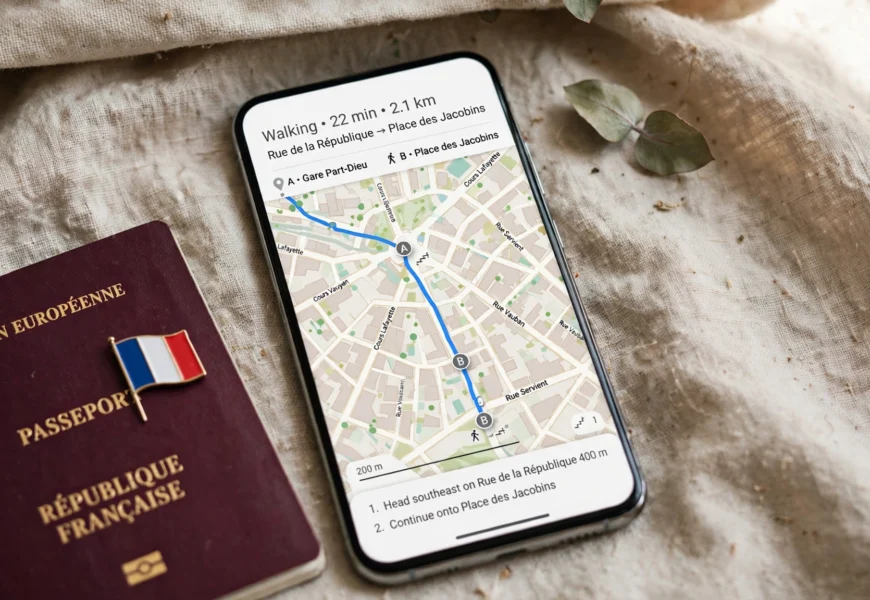 Smartphone showing a map of a French city, representing Lebara mobile coverage in France