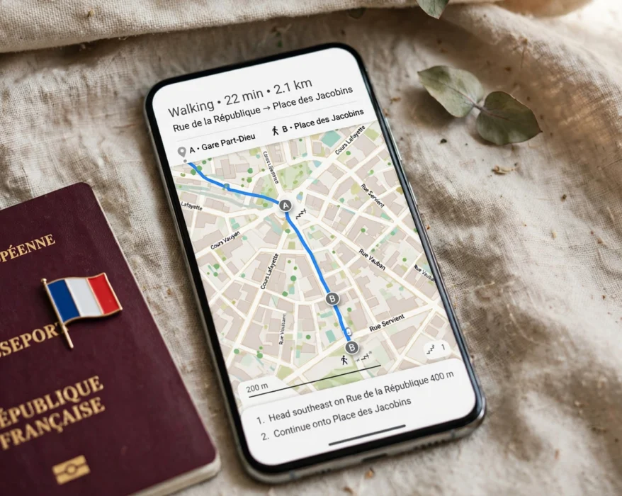 Smartphone showing a map of a French city, representing Lebara mobile coverage in France