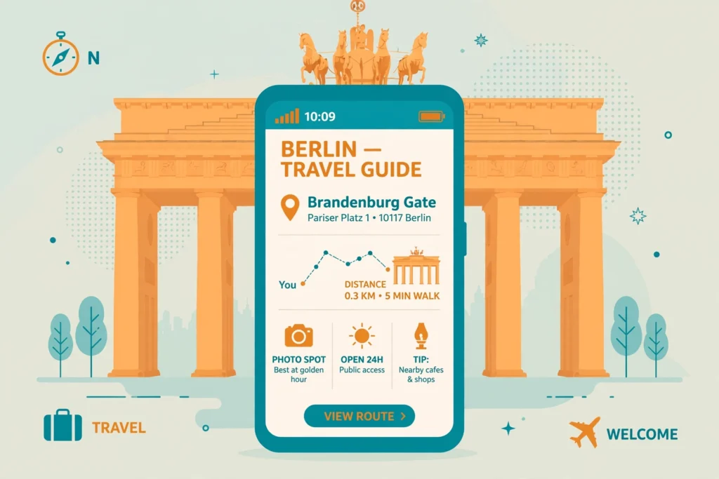 Illustration of a smartphone connected to mobile data with a Berlin landmark in the background