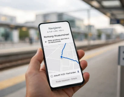 Smartphone showing navigation app at a German train station, representing Lebara mobile coverage in Germany