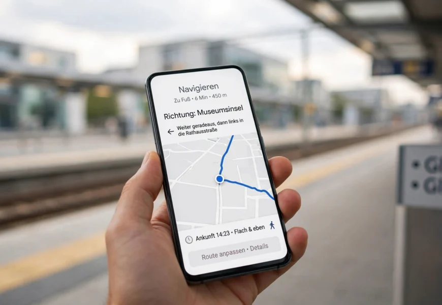 Smartphone showing navigation app at a German train station, representing Lebara mobile coverage in Germany