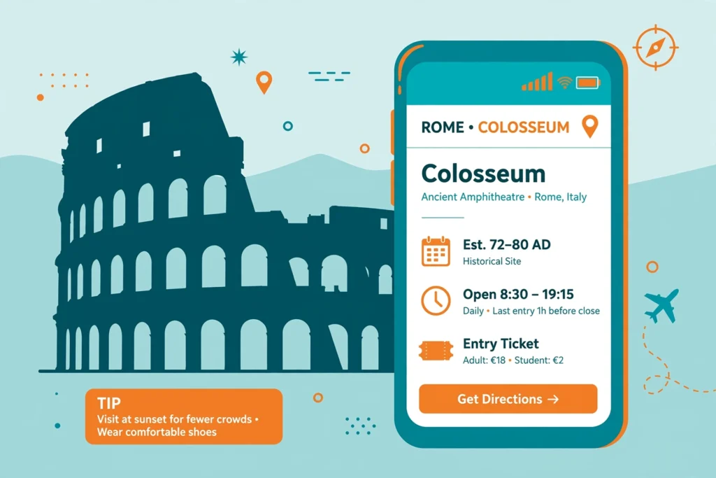 Illustration of a smartphone connected to mobile data with a Rome landmark in the background
