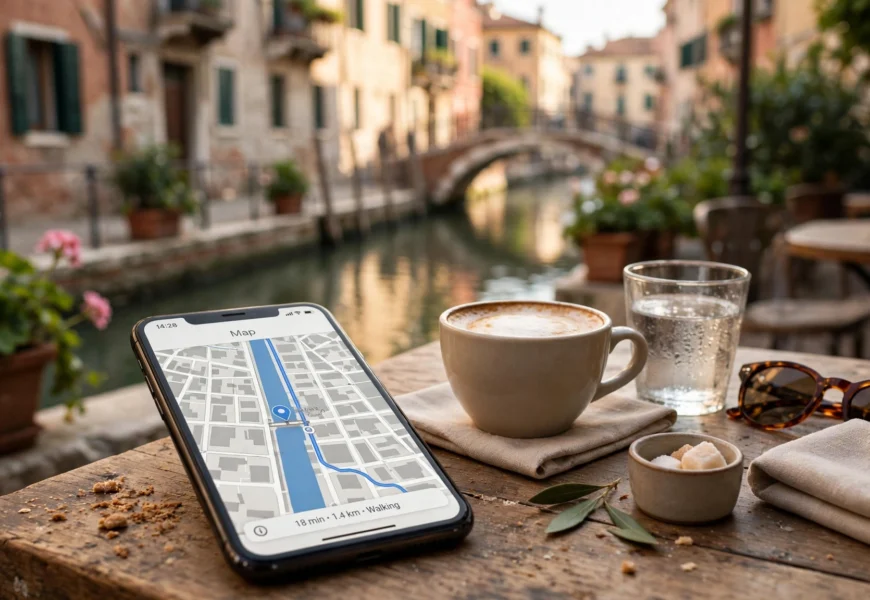 Smartphone showing a map app at a café table in Italy, representing Lebara mobile coverage