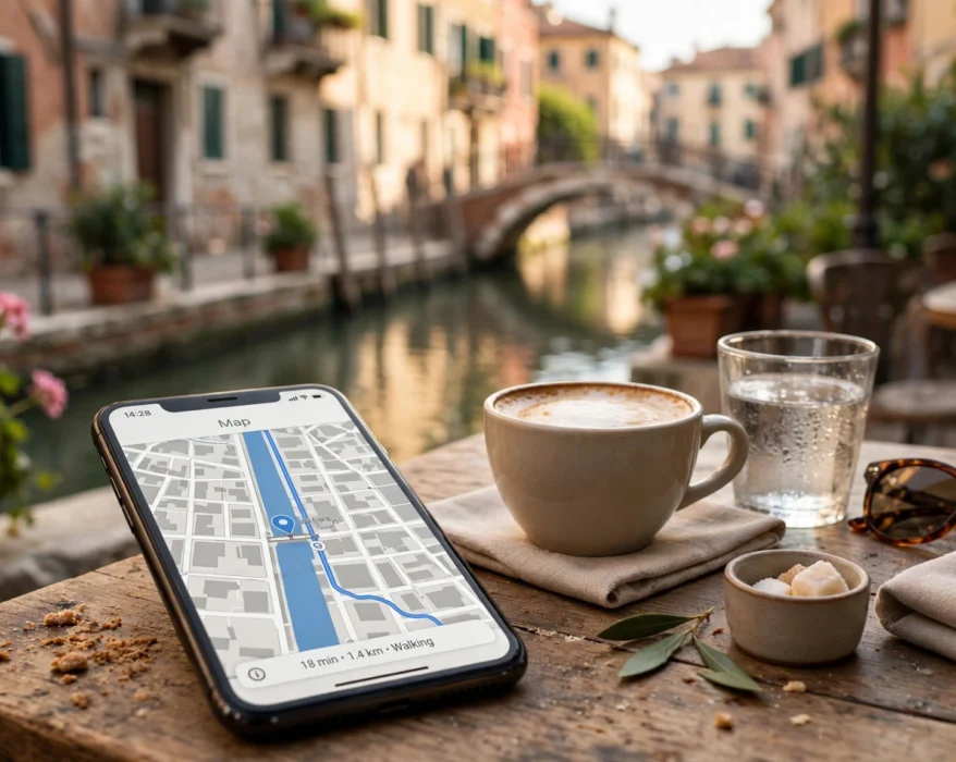 Smartphone showing a map app at a café table in Italy, representing Lebara mobile coverage