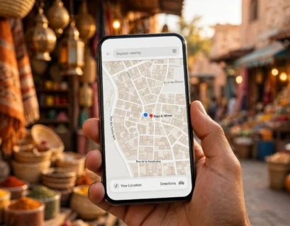 Smartphone showing a map app in a Moroccan market, representing Lebara mobile use in Morocco