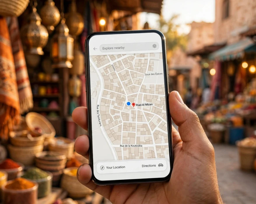 Smartphone showing a map app in a Moroccan market, representing Lebara mobile use in Morocco