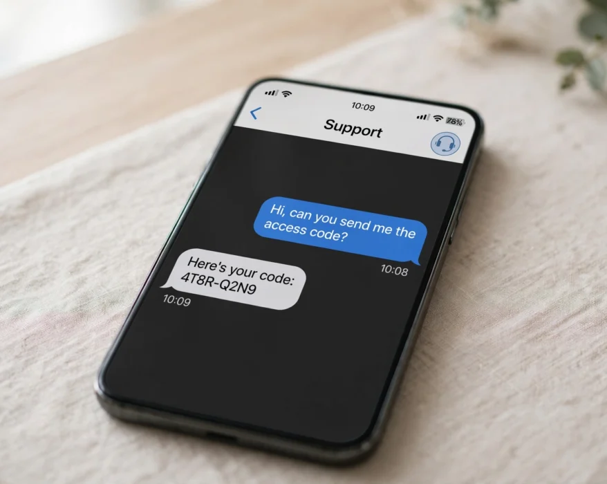 Smartphone text messaging screen showing a PAC code request and reply