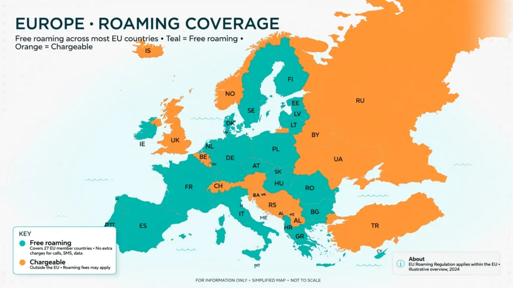 Map illustration showing which regions are included in Lebara's free EU roaming zone