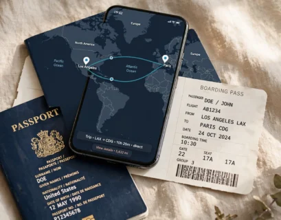 Smartphone with a world map on screen next to a passport, representing mobile roaming while traveling