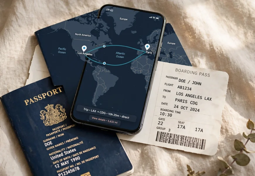 Smartphone with a world map on screen next to a passport, representing mobile roaming while traveling