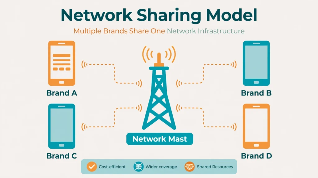Diagram showing multiple mobile brands connecting to a single shared network infrastructure