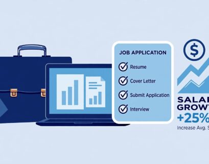 Briefcase and laptop with a job checklist and salary growth arrow representing AT&T careers