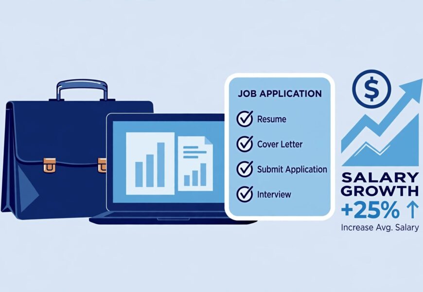 Briefcase and laptop with a job checklist and salary growth arrow representing AT&T careers
