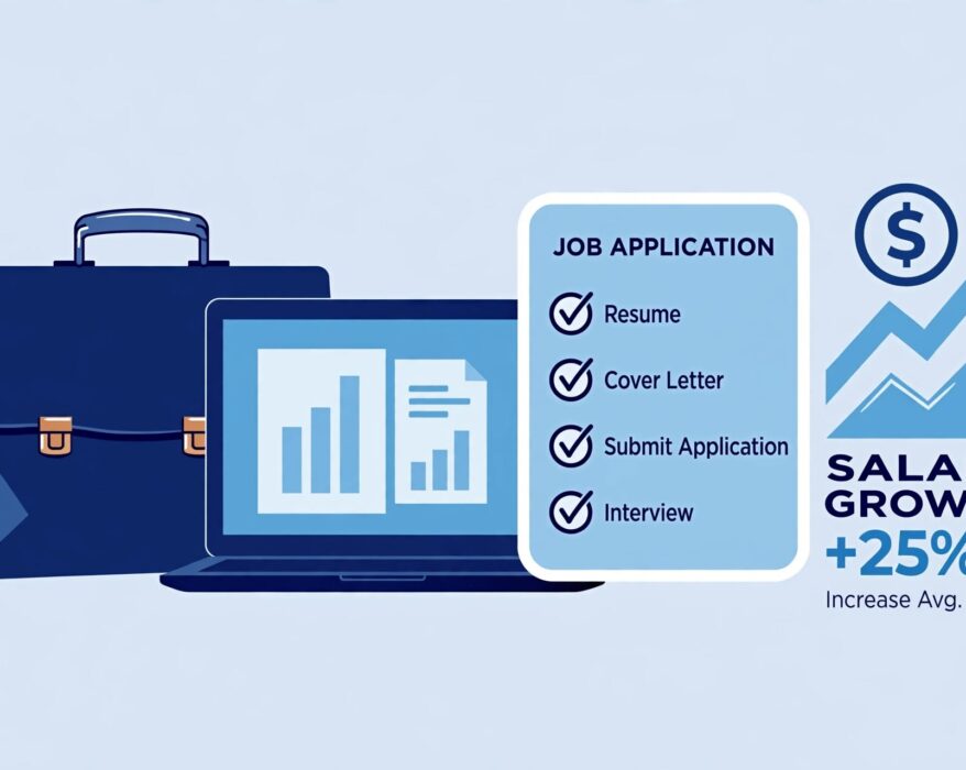 Briefcase and laptop with a job checklist and salary growth arrow representing AT&T careers
