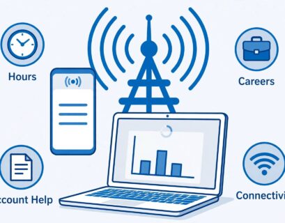 Smartphone and laptop with icons representing AT&T hours, careers, and troubleshooting topics