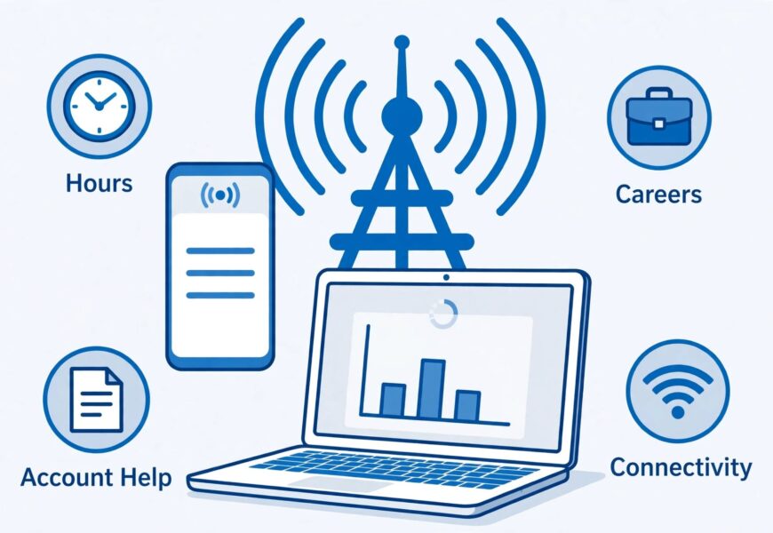 Smartphone and laptop with icons representing AT&T hours, careers, and troubleshooting topics