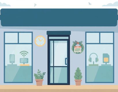 Retail storefront illustration with a clock and holiday calendar icon representing store hours