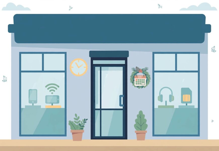 Retail storefront illustration with a clock and holiday calendar icon representing store hours