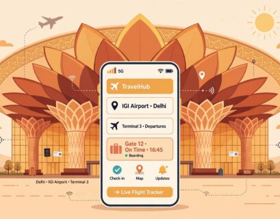 Smartphone with active signal in front of Delhi IGI Airport terminal illustration