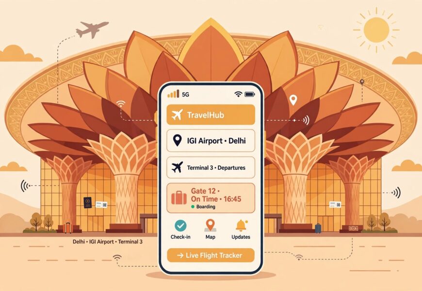 Smartphone with active signal in front of Delhi IGI Airport terminal illustration