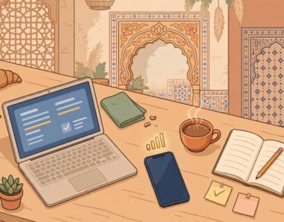Laptop and smartphone with strong signal on a café table representing remote work in India