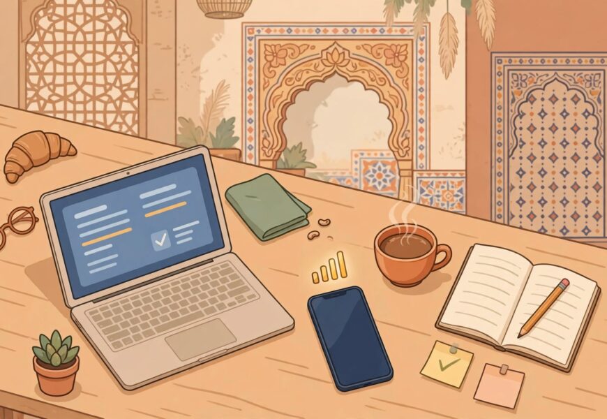 Laptop and smartphone with strong signal on a café table representing remote work in India