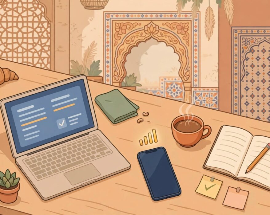 Laptop and smartphone with strong signal on a café table representing remote work in India