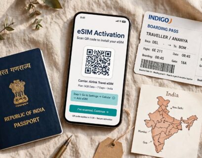Smartphone showing eSIM QR code activation next to passport and India map